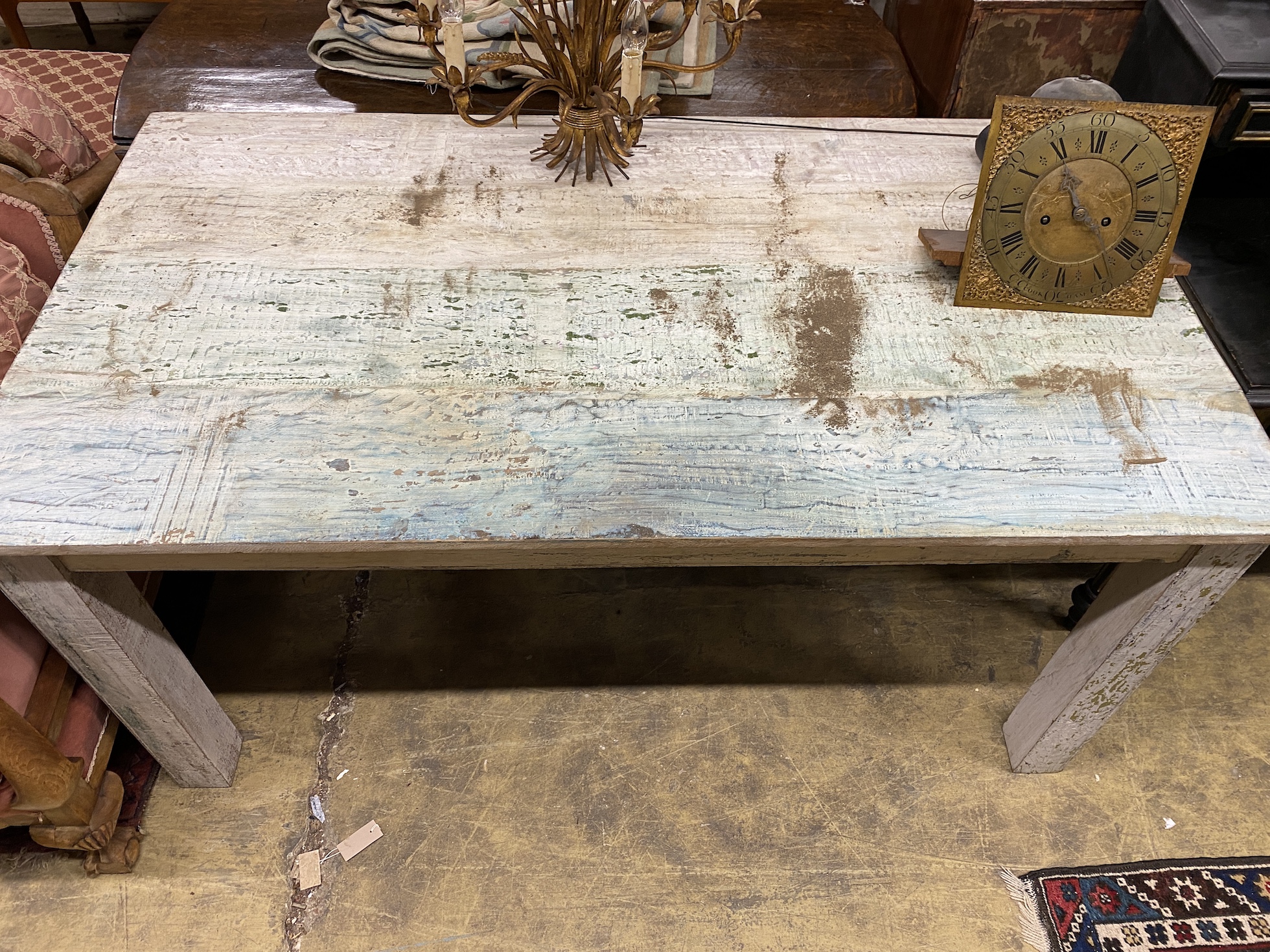 A Victorian style rectangular painted kitchen table, width 161cm, depth 90cm, height 76cm